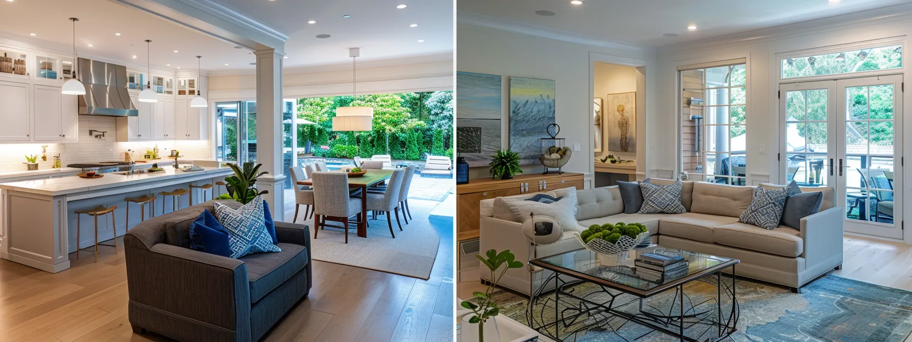 a stunning split-image showcasing a dramatic home transformation, featuring a beautifully renovated living space filled with natural light, vibrant decor, and personalized touches that reflect the homeowner's unique style.