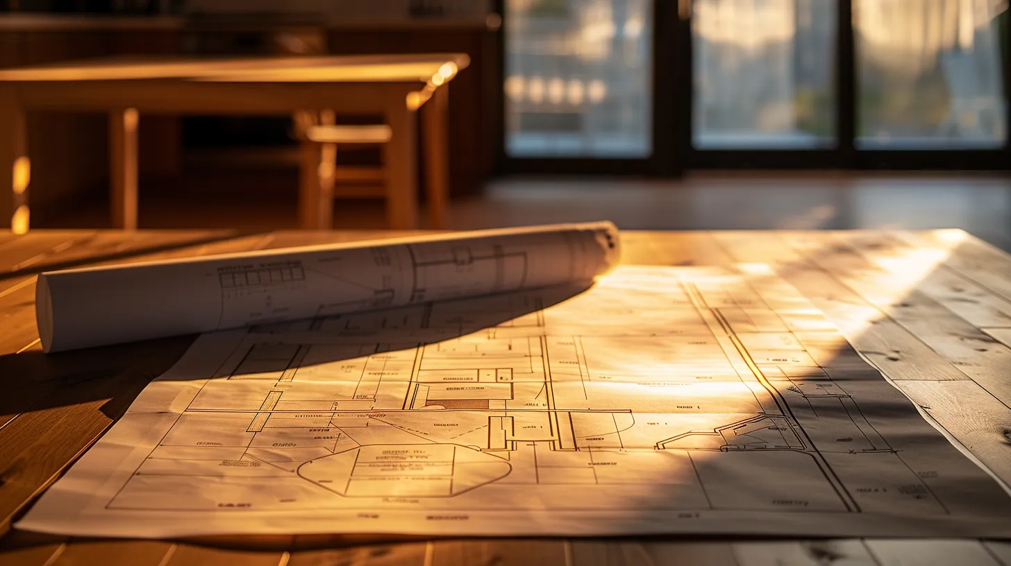 a detailed blueprint of a home renovation sprawled across a sturdy wooden table, illuminated by warm natural light filtering through a nearby window, symbolising the careful planning necessary for navigating permit requirements.