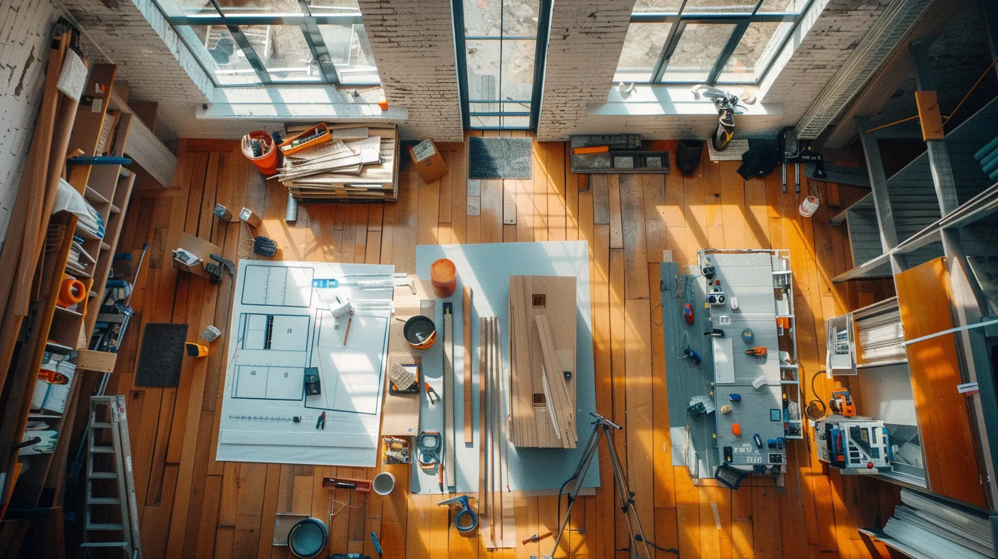 a detailed overhead view of a stylish home renovation project in progress, showcasing vibrant materials and tools laid out elegantly on a polished wooden floor, illuminated by soft natural light filtering through large windows.