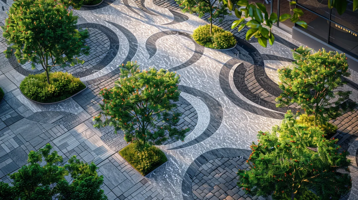 a striking urban backyard featuring a meticulously designed interlock pattern in modern granite, with vibrant landscaping elements showcasing unique styles that enhance the aesthetic appeal and functionality of richmond hill's residential spaces.
