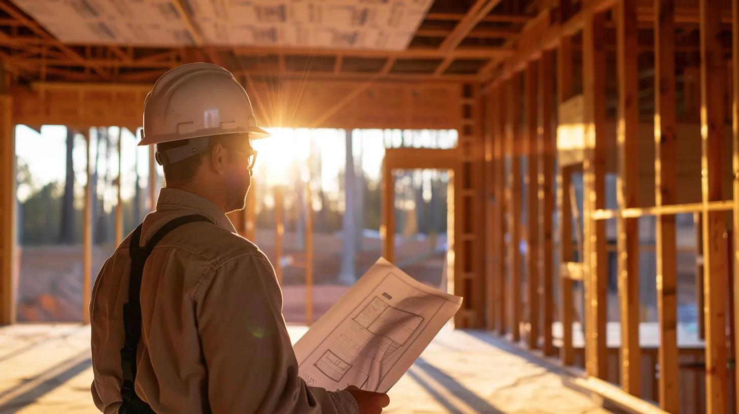 a focused contractor, clad in a hard hat, reviews blueprints on a spacious, well-organized construction site in oak ridge, surrounded by partially framed walls and construction materials, symbolizing the importance of local expertise in home construction projects.