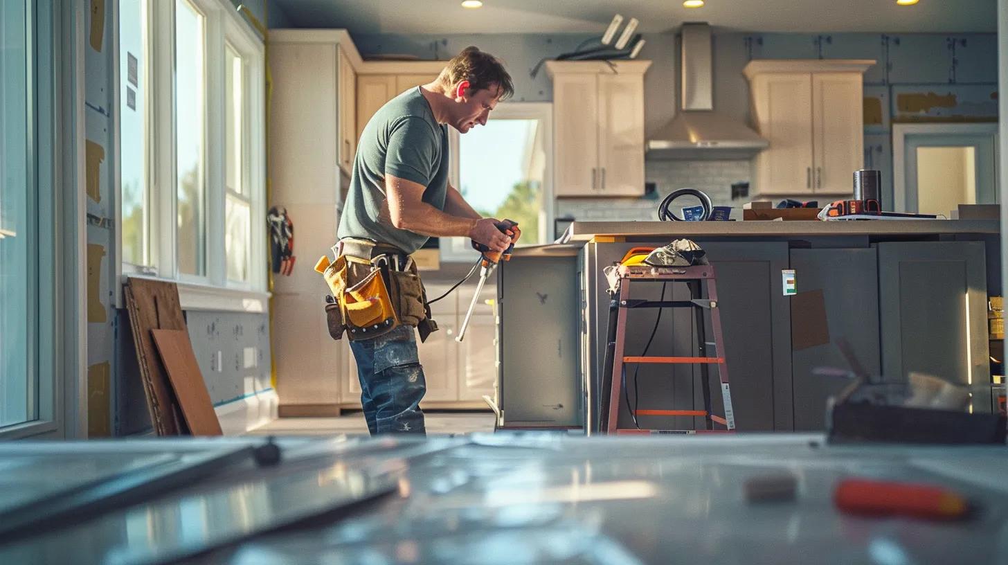 a focused contractor inspects a freshly renovated home interior, surrounded by modern fixtures and tools, highlighting the importance of meticulous post-construction maintenance in an urban setting.