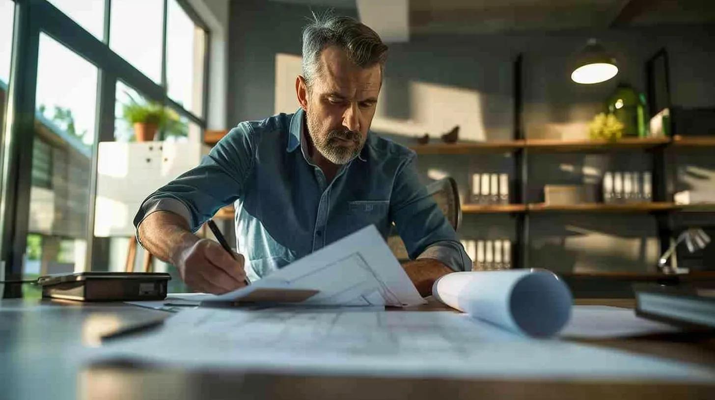a focused contractor reviews blueprints at a sleek, modern desk in a well-lit office, showcasing a blend of professionalism and creativity essential for successful home renovations.