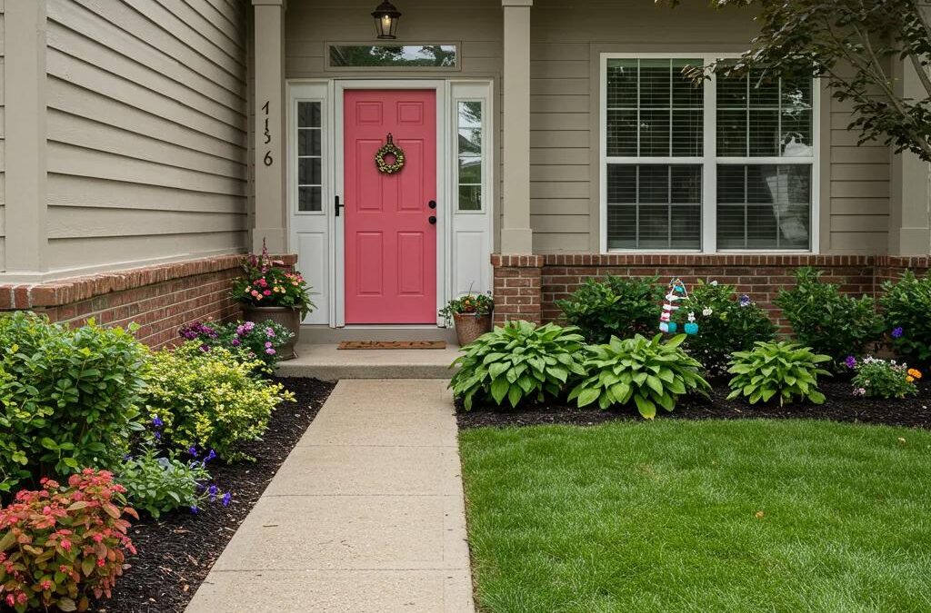 Vibrant front yard with curb appeal improvements including a colorful front door and lush landscaping
