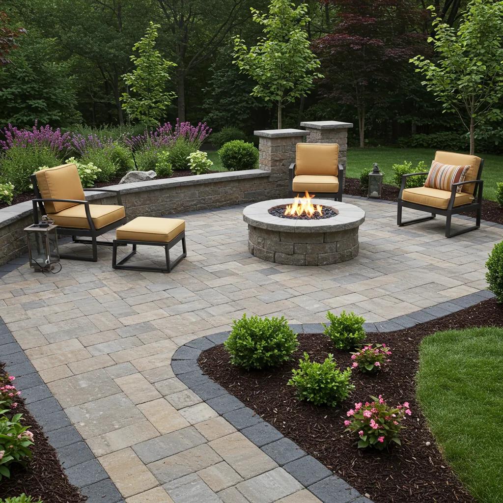 Luxurious outdoor living space featuring a patio, fire pit, and walkways that significantly enhance property value