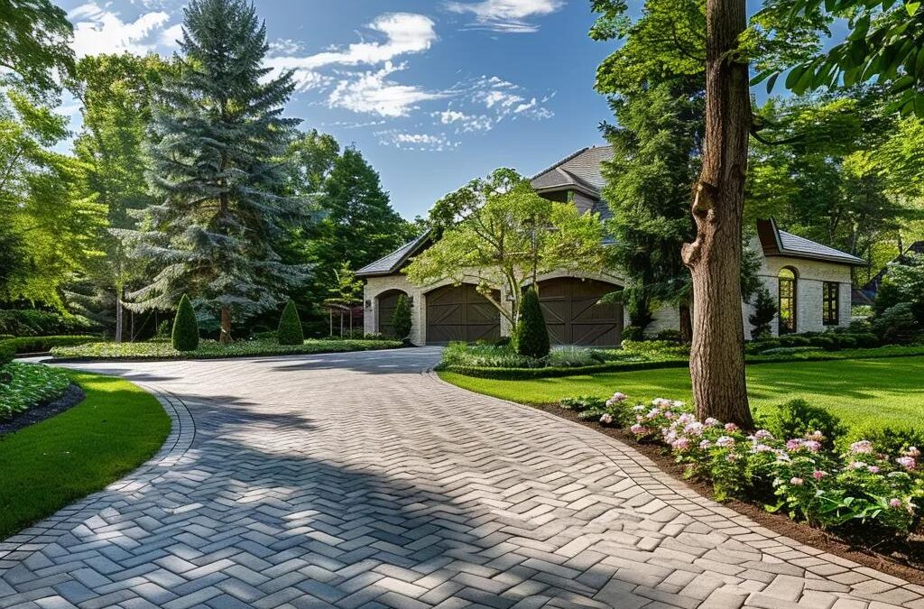 Custom interlock driveway with herringbone and basket weave patterns surrounded by lush landscaping