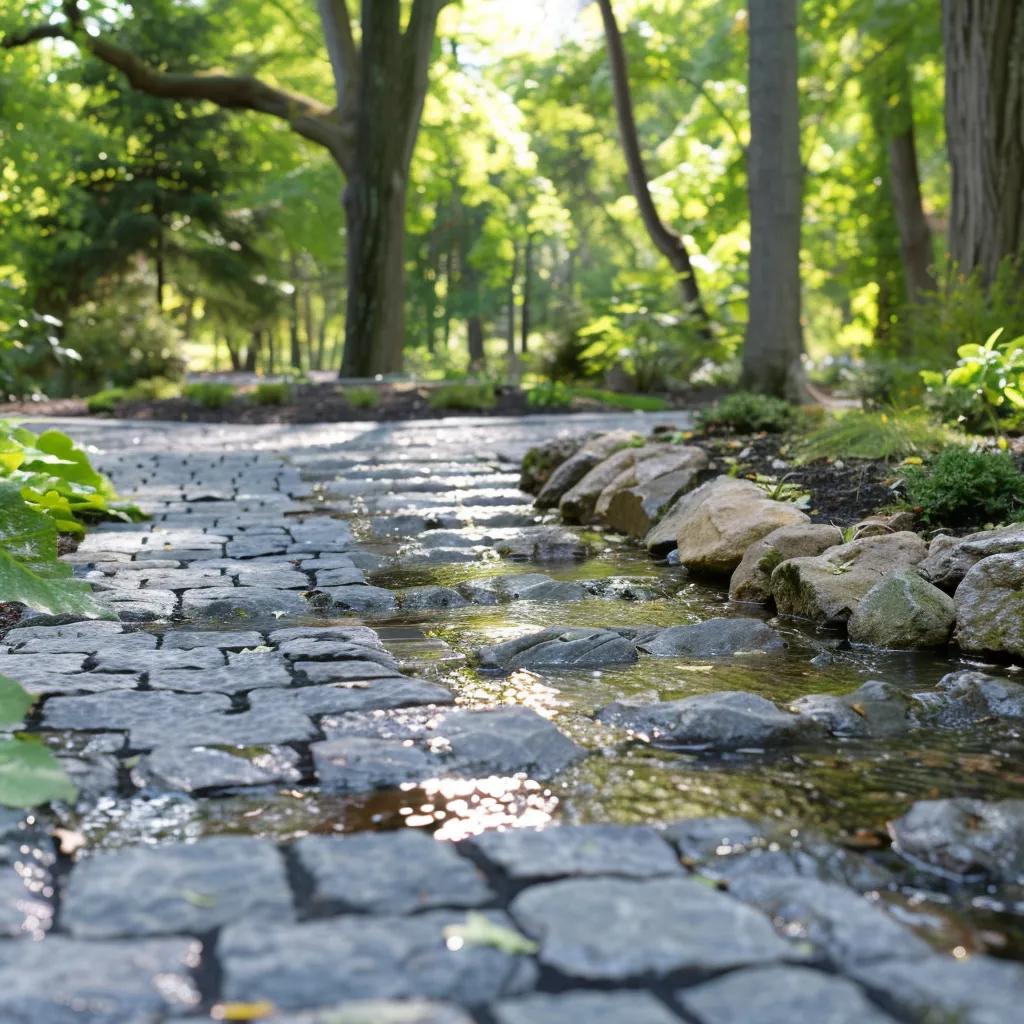 Driveway with permeable pavers demonstrating water infiltration and sustainable design