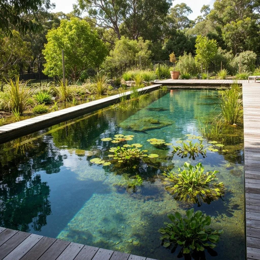 Natural swimming pool with lush vegetation and eco-friendly design elements