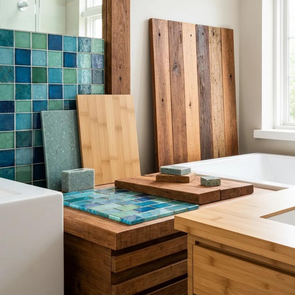 Display of sustainable bathroom materials like recycled glass and reclaimed wood