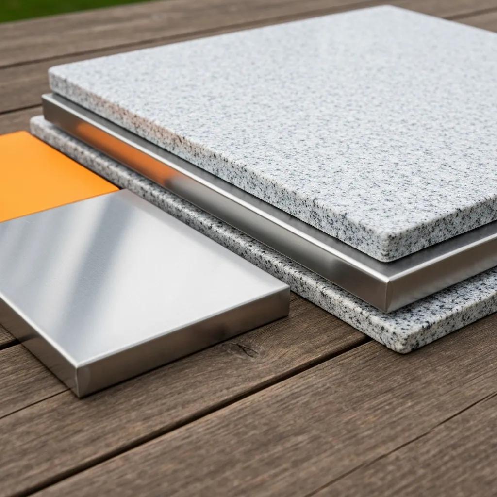 A close-up view of robust outdoor kitchen materials, including stainless steel, HDPE, and granite.