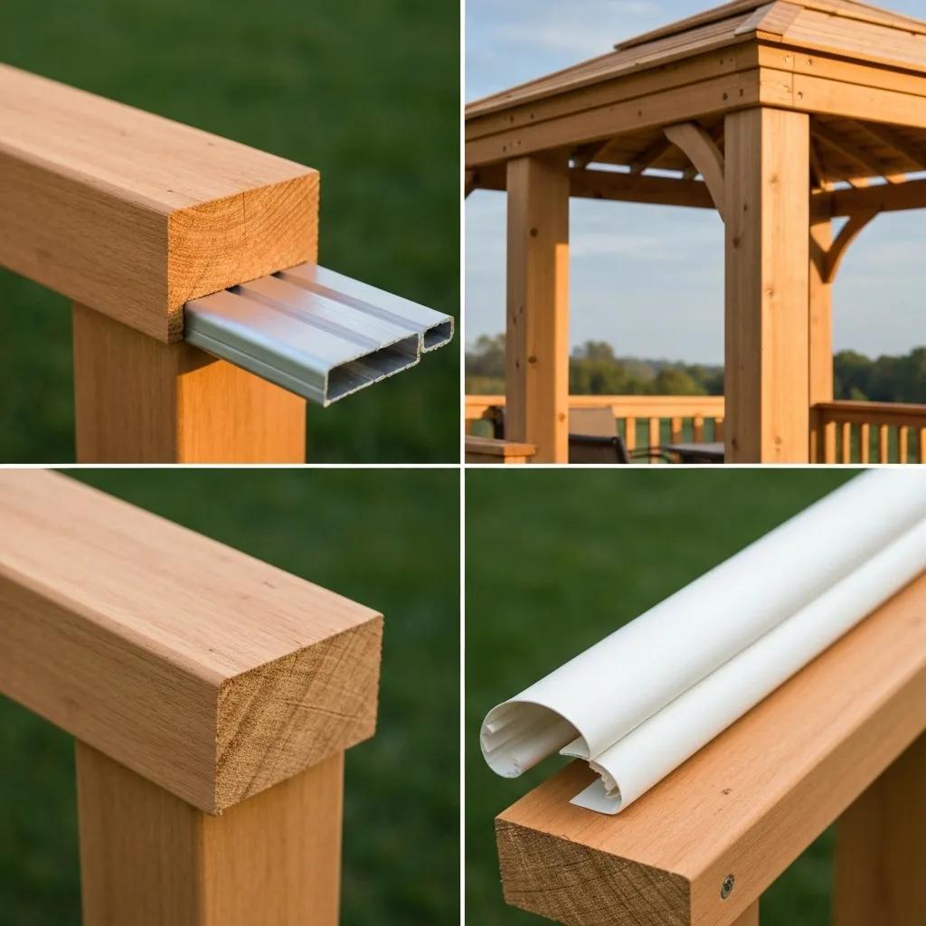 Detailed view of gazebo materials including wood, aluminum, steel, and vinyl, highlighting their durability and maintenance needs