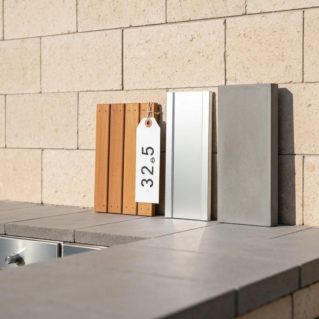 A visual comparison of outdoor kitchen materials like wood, aluminum, and concrete, with indicative price points.