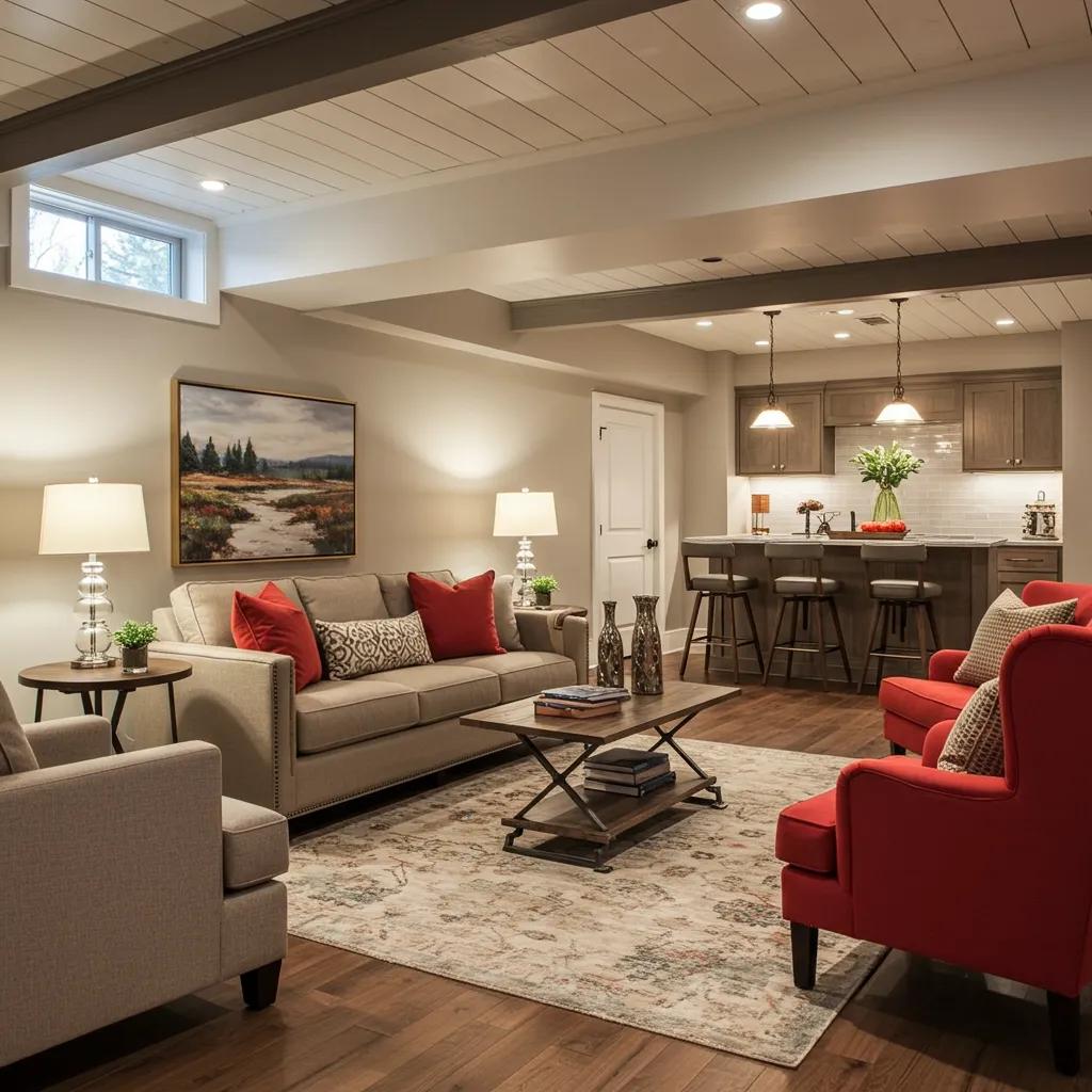 A luxurious basement renovation featuring cozy seating, stylish decor, and inviting ambiance
