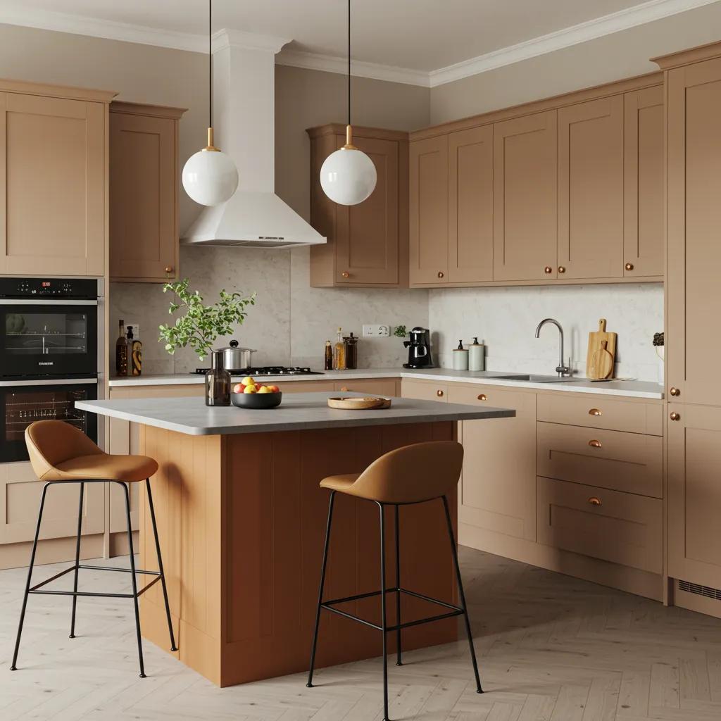 Modern kitchen with neutral and earth-tone color schemes reflecting 2025 renovation trends